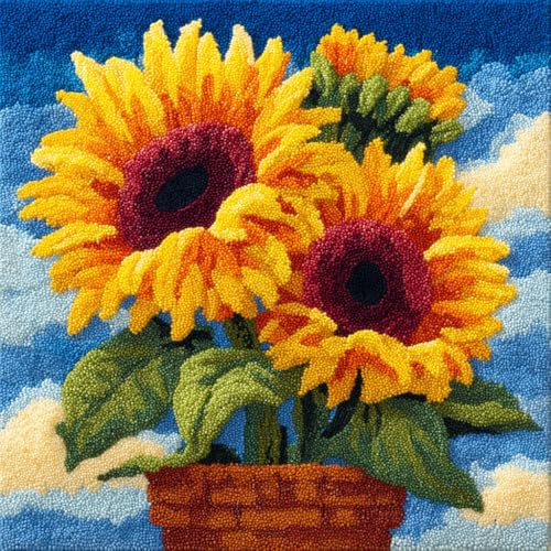 Henypt Kit de Almohadones con Cierre de Gancho Girasoles en macetas Kit De Cojines De Pestillo 43X43cm Funda de Cojín para Sofá, Latch Hook Manualidades Kits