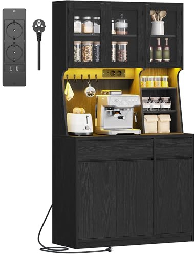 Hzuaneri Credenza cucina, mobile buffet, armadio domestico con multipresa e striscia luminosa a LED, piano di lavoro e 2 cassetti, ripiani regolabili, cucina, soggiorno, 40x100x180cm, Nero