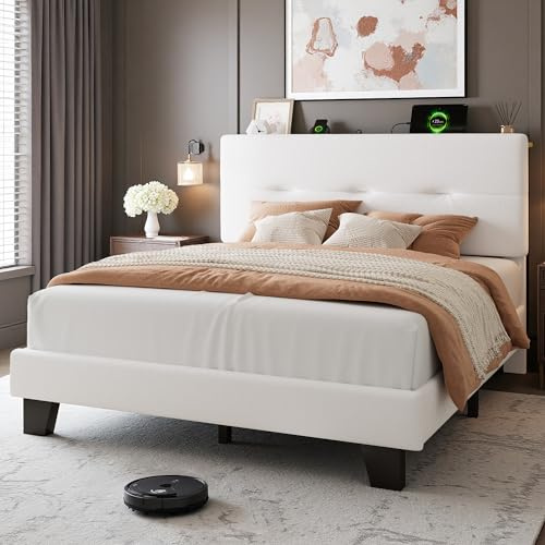 Feonase 4ft Double Bed Frame with Storage Velvet Headboard, Upholstered Bedframe double bed with Charging Station, Sturdy Wooden Slat Support, Easy Assembly, Beige