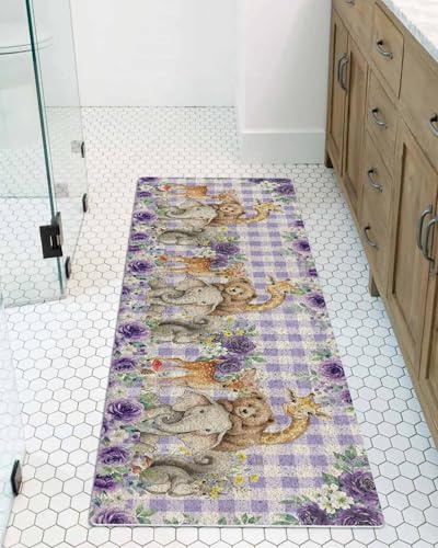 Cute Animal Rose Shower Mat Non Slip Bathtub Mat Cartoon Bear Elephant Giraffe Deer Purple Flower Plaid Bath Mat Soft Loofah Shower Mats for Shower Tub Bathroom Quick Drying Foot Mat, 16x47 Inch