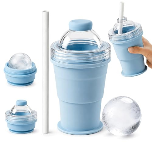 2-in-1 Collapsible Silicone Ice Ball Maker Cup, 2026 Portable Foldable Big Ice Cube Mould (6cm) with Straw & Lid, Easy Demolding Leakproof Travel Tumbler for Iced Coffee Juice Cocktails Home Outdoor