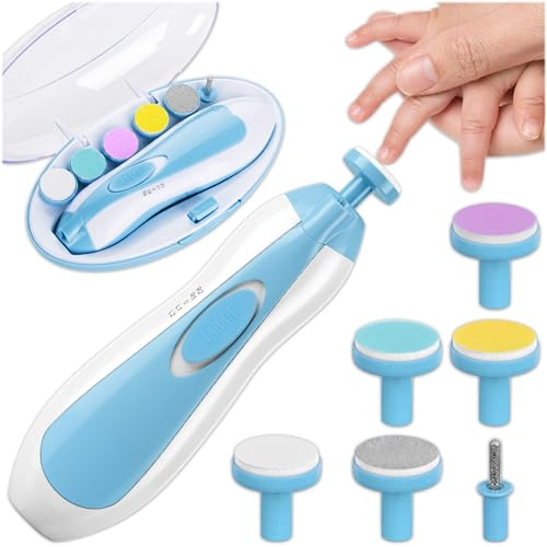 KRUMAD Lima per unghie elettrica 6 in 1 con LED, set per unghie per bambini e bambini, velocità regolabile, accessorio per neonati da 0 a 6 mesi, sicura e delicata per dita dei piedi e delle mani