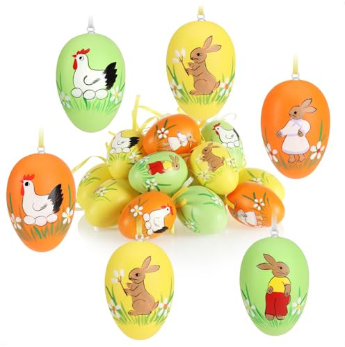 com-four® 18x Ostereier zum Aufhängen 6 cm - Osterdeko mit tollen Motiven - Deko Ostereier - Hängedeko für den Osterstrauß (Hase/Huhn - 01)