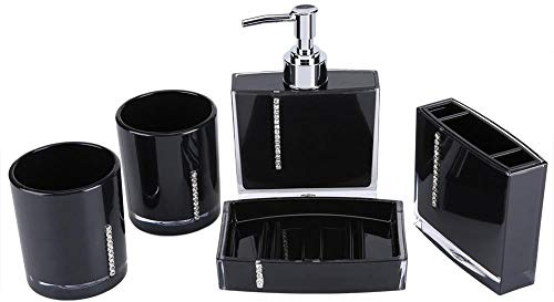 GOTOTOP Badaccessoire Set, 5-teilig Acryl | Seifenspender Zahnputzbecher, Hochglanz, Schwarz Silber