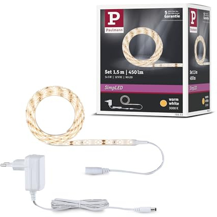 Paulmann 78953 Juego de strip LED SimpLED 1,5m, blanco cálido, 230/12V DC incl. strip 1x5W, blanco, tira de luz, plástico, tira de luces 3000K