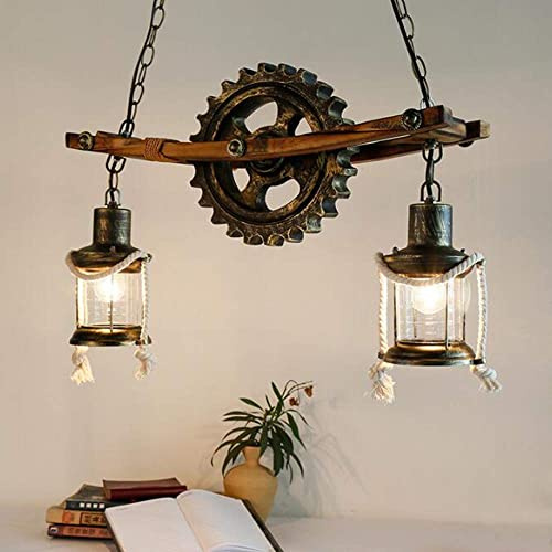 Vintage Gear Pendelleuchte Industrielle Loft Hängeleuchte Holz Dekorativer Hängelampe Metall Höhenverstellbar E27 Retro Kronleuchter Für Küche Esszimmer Bar Restaurant Wohnzimmer Café Ohne Birne