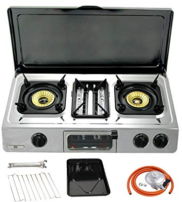 NJ G-87C Portable Camping Gas Stove 2 Burner Grill & Oven Stainless Steel Outdoor BBQ Cover (Butane 21mm Clip-on)