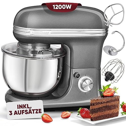 ProfiCook® Küchenmaschine zum backen | Knetmaschine 5L mit starkem 1200W Motor | Teigmaschine inkl. Haken & Schneebesen | Retro Teigknetmaschine Spritzschutz mit Nachfüllöffnung | PC KM 1197 anthrazit