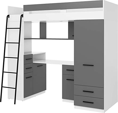 FurnitureByJDM Hochbett mit Schreibtisch, Kleiderschrank und Stauraum | Jugendbett für Kinderzimmer (110x204 cm) – Kinderbett mit 90x200 cm Matratzengröße – Linke Leiter – SMYK (Weiß/Graphit)