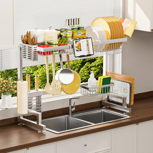 ADBIU 【Fit Sink 24.5- 32 L 2023 Version Over Sink Dish Drying Rack (Expandable Dimension) Snap-On Design 2 Tier Large Kitchen Dish Rack Stainless Steel Counter Organization and Storage