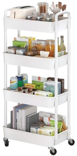 Sywhitta chariot roulant en plastique 4 couches, chariot de rangement multifonctionnel, bureau, salon, cuisine, boîte de rangement mobile avec roues, 39 * 29 * 104cm, Blanc