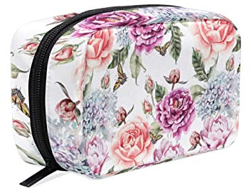 Red Purple Flowers with Leaves, Hydrangeas, Peonies, Buds and Petals Smooth Zipper Women Makeup Bag, Cosmetic Toiletry Storage Case Portable Coin Purse Large Pouch Organizer Holder for Ladies Girls