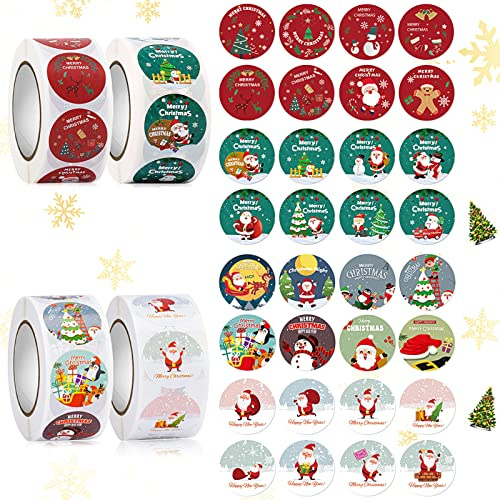 Miioto 2000 Stück Weihnachtsaufkleber Rund, Christmas Stickers | Geschenkaufkleber Weihnachten Retro Rund Sticker Rolle für Papiertüten Umschläge Flaschen & Namensaufkleber Verwendet,4 Rolle