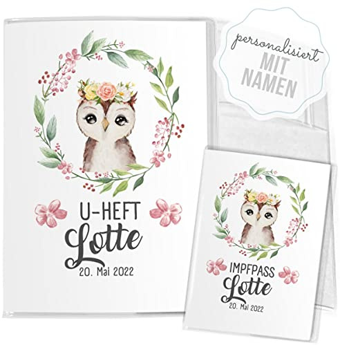 Mikalino Hülle für U-Heft + Impfpass Eule (Name, Datum) Impfpasshülle & Schutzhülle, Grösse:U-Heft Set 3-teilig personalisiert, Farbe:7030_Eule