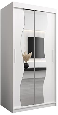ABIKSMEBLE Armario con Puertas correderas - Armario Madryt - Mueble con Puerta corredera y Espejo - Ancho 100 cm, Altura 200 cm, Profundidad 62 cm - Blanco Mate