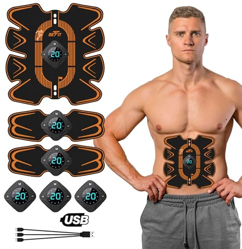 02FIT Abs Stimulator, Muscle Stimulator, Abdominal Muscle Trainer, Rechargeable 12 Modes EMS Training Device with LED Screen, Portable Muscle Toner for Abdomen Arm