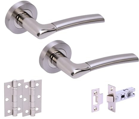 Hunta HANDLEZONE® Ursa Internal Door Handle Latch Pack, Complete with Lever On Round Rose Handles, 76mm Latch, 75mm Ball Bearing Hinges - Dual Finish Polished/Satin Nickel