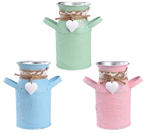 ZWMBYN Lot de 3 pots à lait vintage galvanisé en métal de style français shabby chic pour fleurs, pot de fleurs rustique, seau décoratif avec poignée pour décoration d'intérieur