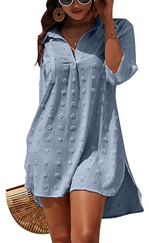 Rayson Vestido de Playa Mujer Camisa Beach Cuello en V Bikini Camisolas Cover up de Verano Color Sólido Blusa de Biquini Jacquard(Azul)