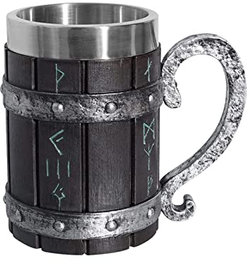 Jiakalamo Viking Drinking Cup with Stainless Steel Liner,600ML Cup Mug Resin Beer Stein Tankard Coffee Mug Tea Cup,Nordic Viking Runes Tankard Coffee Cup