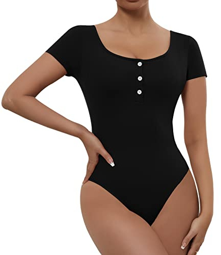RoomTour Dam bodysuit kortärmad bodysuit med knappar för kvinnor overall rund hals casual topp, svart, XL