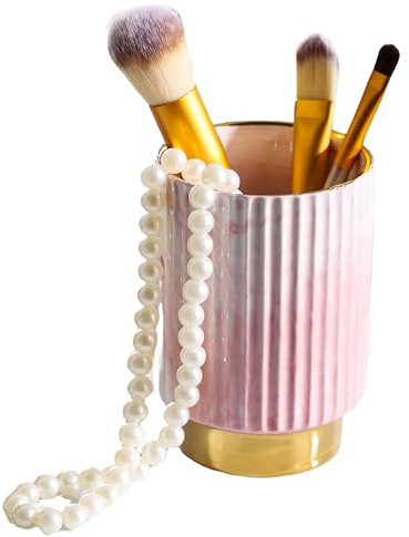 IEEK Pink and Gold Makeup Brush Holder Organizer,Glass Cosmetics Brushes Cup Eyebrow Pencil Pen Container,European Style Striped Brushes Storage,Ceramics Decor for Bathroom Dresser Vanity Desktop