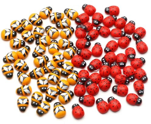 YIEUR 100 Stück Marienkäfer und 100 Stück Biene Holz Mini Dekoration, 9x13mm Holz Marienkäfer Bienen selbstklebend Verzierungen für Babyparty Kostüm Handwerk Scrapbooking Anhänger Wand Hut Deko(Mix)