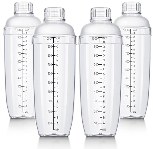 Lallisa 4 cocteleras de plástico mezcladoras de bebidas de mano, coctelera de té de burbujas con escalas y colador superior, vaso mezclador transparente con herramienta de mezcla de mediciones para