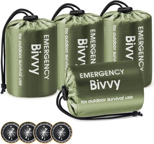 Esky Saco de dormir de emergencia, paquete de 4 bolsas térmicas portátiles, impermeables, ligeras, equipo de supervivencia con brújula y silbato para camping, senderismo, aventura al aire libre, verde