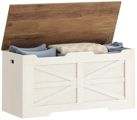 Hzuaneri 39.4 Storage Chest, Extra Large Storage Trunk with 2 Hinges, Wooden Box Bench, Lift-Top Organizer Chest, Shoe Bench for Entryway, Bedroom, Living Room, White and Brown SB03414X