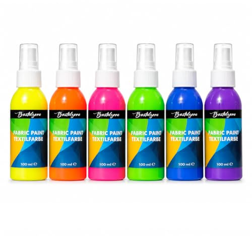 Neon-Textil-Sprühfarben Set – Stoffmalfarben für T-Shirts & DIY: Grün, Pink, Orange, Gelb, Blau,Violett. Wasserfest & ideal für Tie-Dye (6 Neon-Farben x 100ml)
