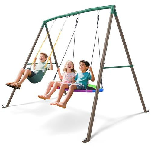 Trekassy 440lbs Swing Sets for Backyard - 2 Seat Outdoor Kids Playset with Saucer & Belt Swing, Heavy-Duty A-Frame Metal Stand for Backyard Playground - Green and Brown (Patented)