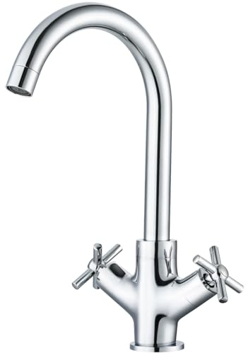 Sistaby Dual Lever Kitchen Tap - Cross Handle Solid Brass Kitchen Mixer Taps 1 Hole with 360° Swivel Spout, Monoblock Traditional Faucets Ploished Chrome Sink Tap