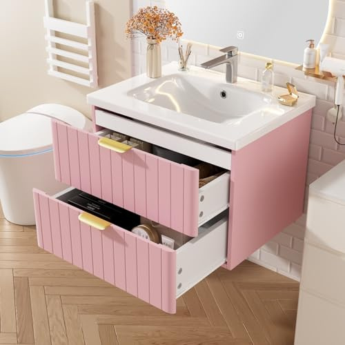 EURHCIO Meuble sous Lavabo Salle de Bain Suspendus 60.5x47.5x47cm avec Lavabo en Céramique,Rangement Salle de Bain avec 2 Tiroirs(sur Pied, A-Rose)