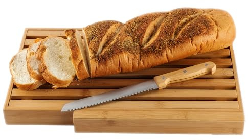 BAMBOO LAND - Bambubrödbräda med stor brödkniv och smulfångare, stor brödskärare för hemmagjord brödbräda, 44,5L x 27,9 cm, Ljust brunt bambu