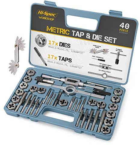 Hi-Spec 40pc Metric Tap & Die Set. Complete M3 to M12 Tapping and Threading Tools with Tap Wrench & Screw Pitch Gauge Accessories