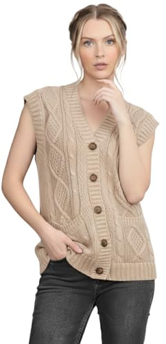 LUXFAB Women's Sleeveless Cable Knit Cardigan Girl’s 5 Button Grandad Vest Chunky Knit Waistcoat Winter Layering Piece | Casual Knitted Sweater