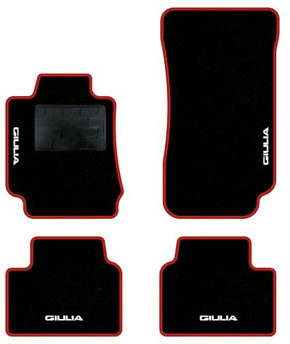 QUEMAR Tappetini Auto per Alfa Romeo Giulia, Bordo Rosso, 4 Ricami | dal 2016 / Kit Tappeti Moquette e Gomma su Misura / Set 2 Anteriori + 2 Posteriori / Ricami e Colori Personalizzati