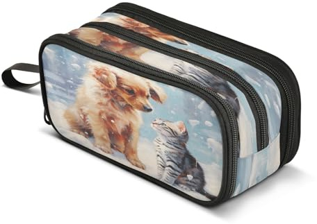Astuccio per matite con cane e gatto, grande capacità, per ragazzi e ragazze, astuccio a 3 scomparti, astuccio per studenti, cancelleria per scuola, ufficio, lavoro, Cane e gatto, Taglia unica,