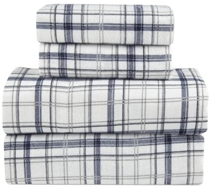 Flannel Sheets King Size Rich Cotton -High GSM Flannel Bed Sheet Deep Pockets - Warm & Cozy Flannel Sheet Set for All Seasons (Plaid on Chambray)