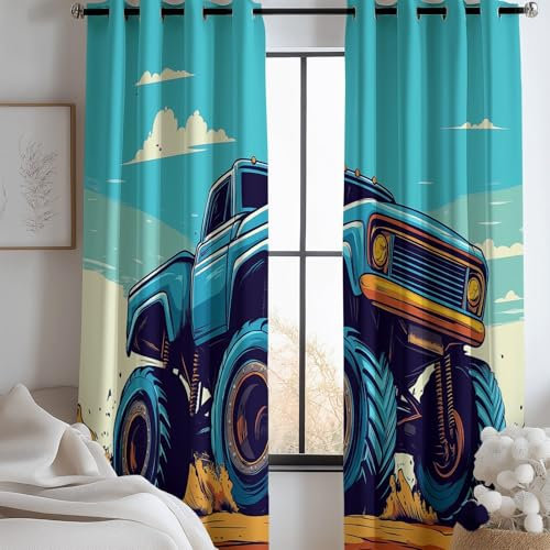 Verdunkelungsvorhänge Cartoon Monstertruck Motiv H 215 x B 91.5 cm (2er Pack) vorhänge mit Ösen für Kinder-und Jugendzimmer dekorieren Blau Bedruckt wärmeisoliert vorhänge