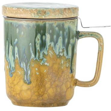 Bloomingville Creative Collection Yuma Becher m/Deckel und Teesieb, Grün, Steingut, D8xH11,5 cm, 250 ml