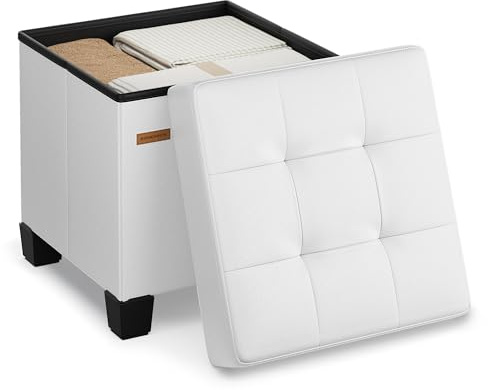 SONGMICS Banc de Rangement, Coffre avec Pieds, 38 x 38 x 40 cm, Pouf, Repose-Pieds, 37 L, PVC, pour Salon, Entrée, Blanc Nuage LSF0512W02