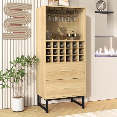 BENMWS Armario aparador, elegante armario para vinos, con dos cajones, 18 compartimentos y soporte para vasos, patas de metal negro mate, perfecto para los amantes del vino, 60 x 140 cm