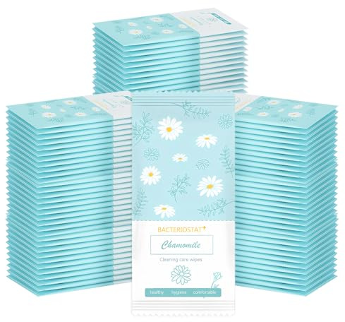 100 toallitas húmedas de papel higiénico Chamomile, empaquetadas individualmente, suaves y no irritantes, empaquetadas individualmente para facilitar el transporte, adecuadas para pieles sensibles