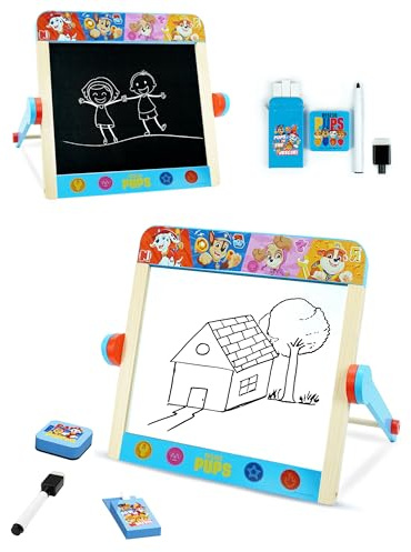 Paw Patrol Kinder-Tischstaffelei — 2-in-1 doppelseitige Kreidetafel & Whiteboard Zeichentafel für Kinder, tragbare Kunststation 30 × 25 × 20 cm