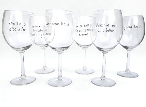 Generico Set 6 Calici da Vino in Vetro Trasparente Decorati a Mano con Frasi Divertenti in Dialetto Romano, Design Minimalista, Idea Regalo