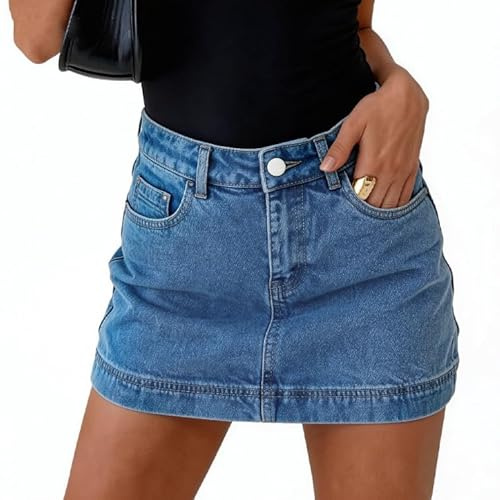 GOBLES Women’s Summer High Waisted Stretch Denim Skort Elastic Jean Skirt Shorts with Pockets Blue