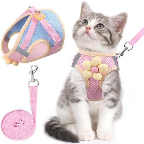 Cat Harness and Lead Set, Secure Walking Solution for Active Cats with Reflective Safety Features, Comfortable Fit for Outdoor Adventures and Vet Visits, Pink Color Design