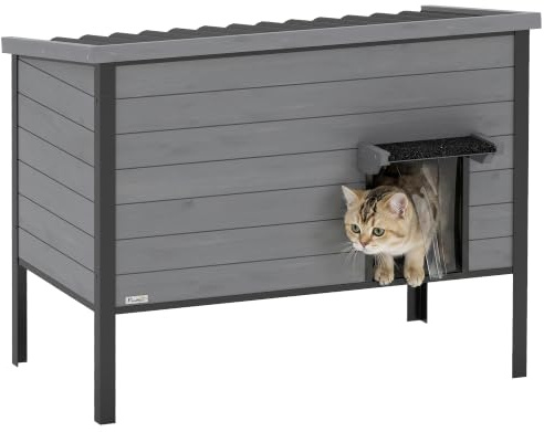 PawHut Katzenhaus Wetterfeste Katzenhütte aus Holz 85x55x70 cm Hellgrau | Aufklappbares Dach, Herausnehmbarer Boden, Eingang, Katzenhöhle, für 1-2 Katzen bis 12 kg, Drinnen Draußen Garten Balkon